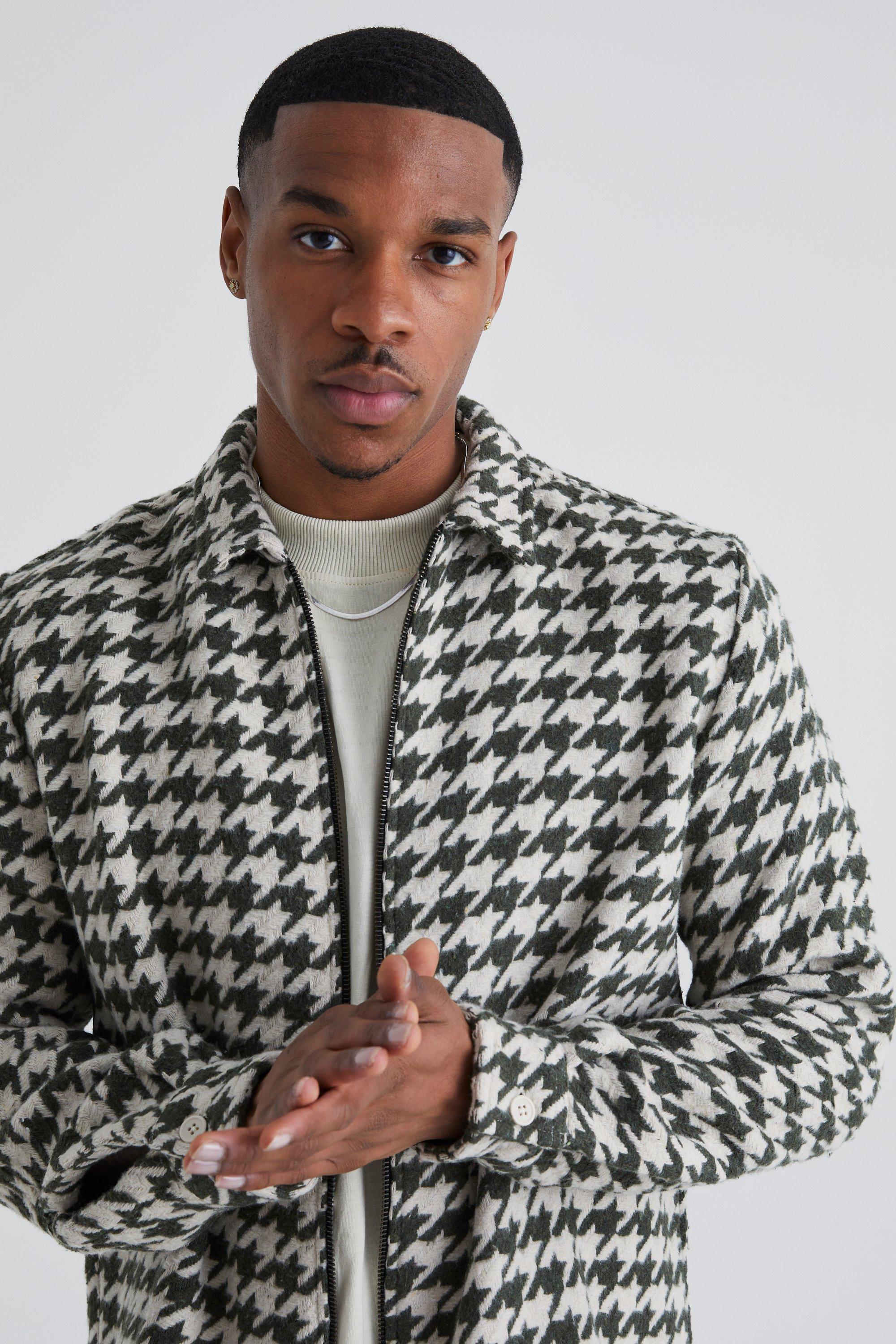 Long Sleeve Brushed Houndstooth Zip Shirt Jacket | boohoo USA
