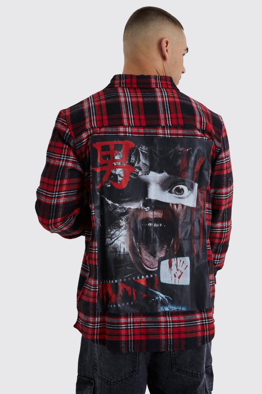 Red Long Sleeve Scream Back Print Check Shirt  image number 1