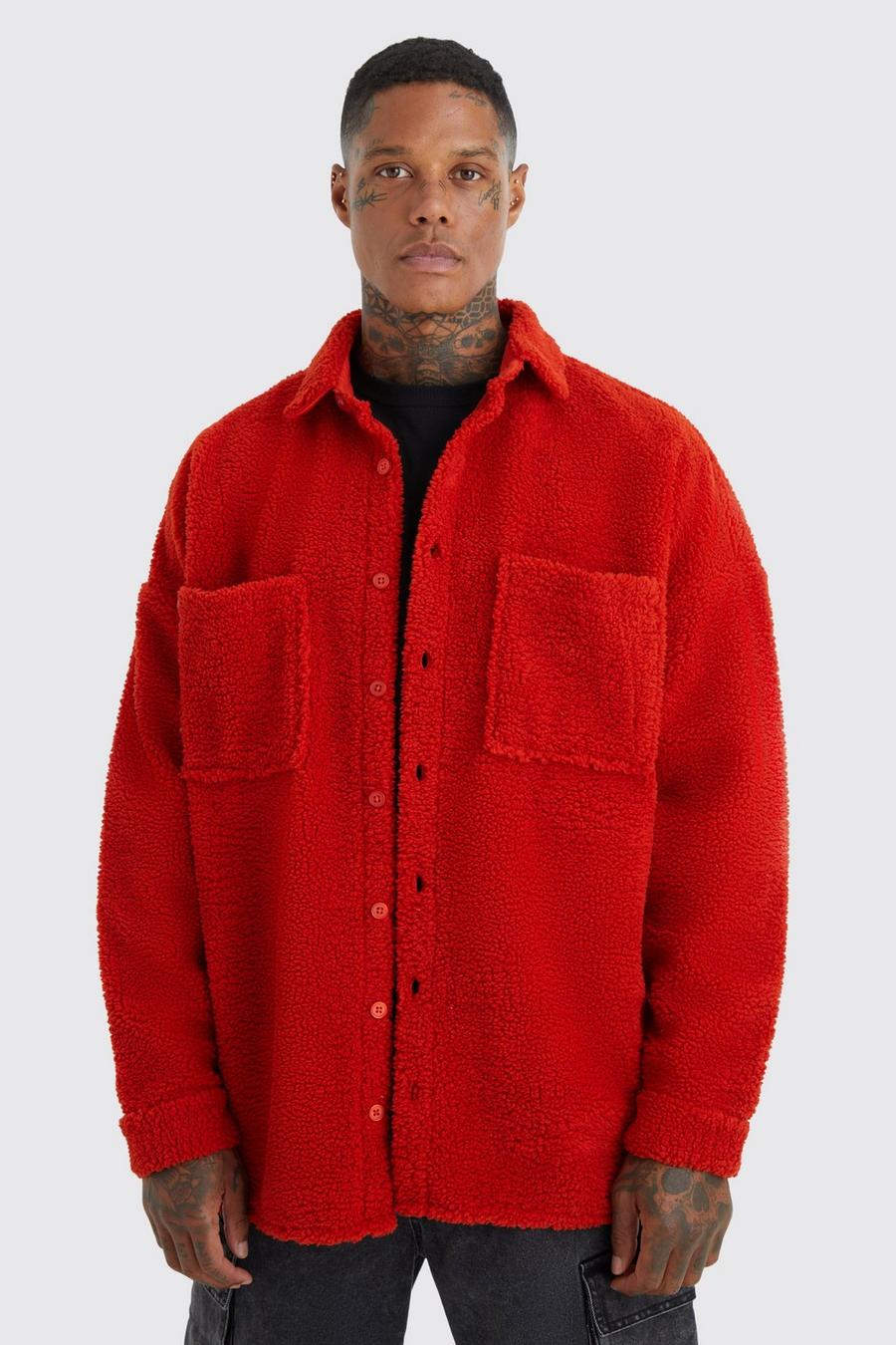 Red Oversized Nepwollen Utility Overhemd Met Patches En Zakken