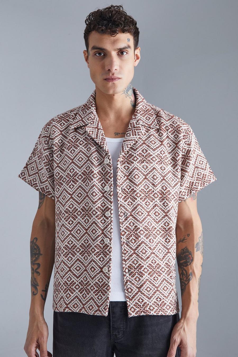 Brown Short Sleeve Boxy Floral Patterned Jacquard Shirt 