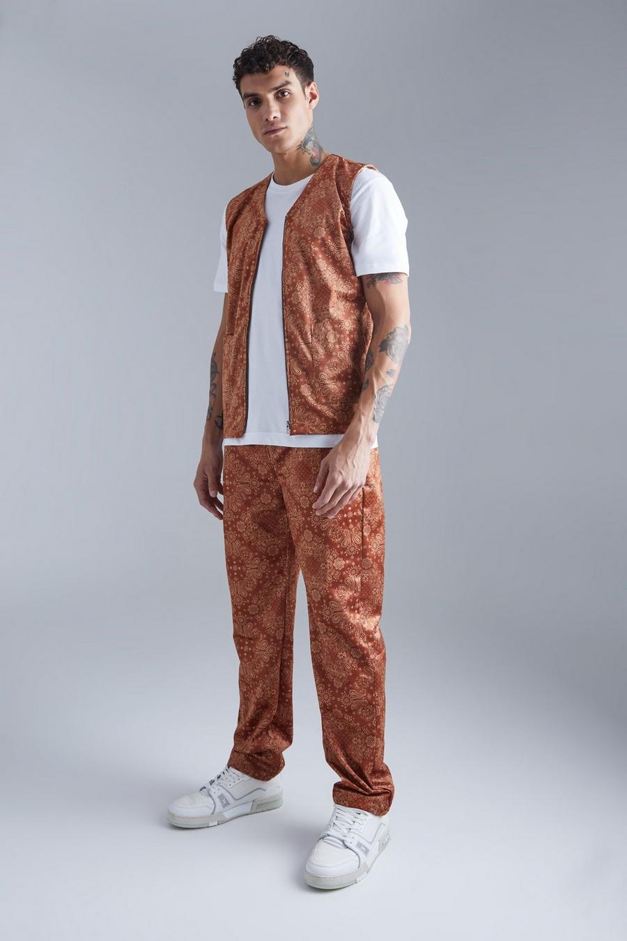 Tan Woven Bandana Utility Vest And Straight Trouser  image number 1