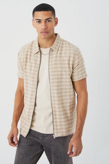 Stone Beige Short Sleeve Woven Check Zip Overshirt