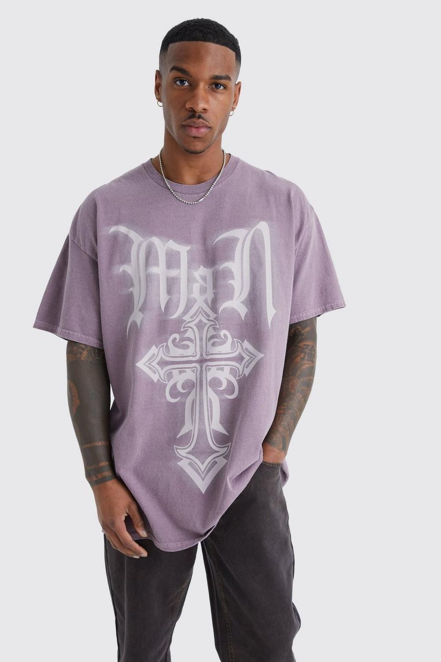 Mauve purple Oversized Gebleekt Gothic Cross T-Shirt