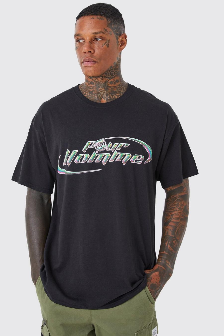 Camiseta oversize con estampado gráfico Pour Homme, Black image number 1