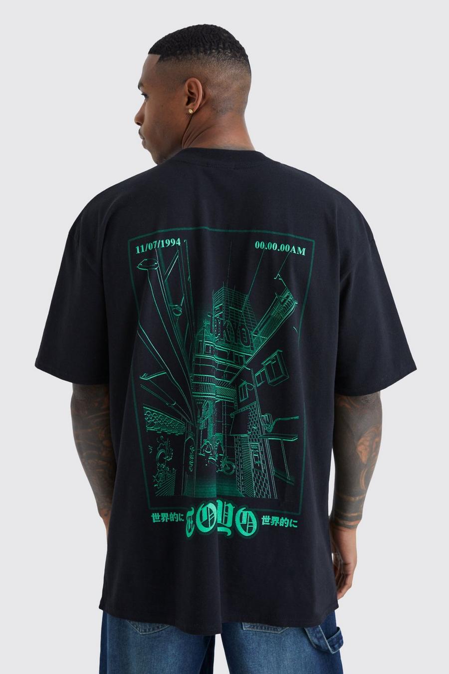 Black Oversized City T-Shirt Met Print