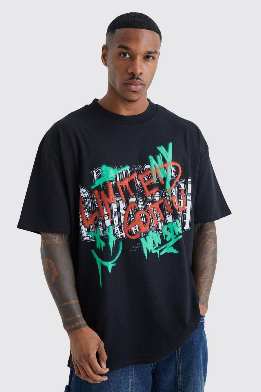 Black Oversized City Graffiti T-Shirt Met Print