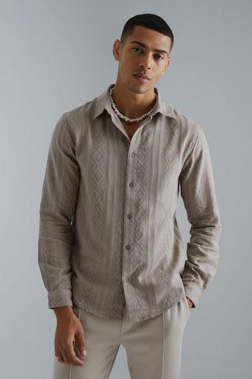 Long Sleeve Collared Tonal Aztec Shirt taupe