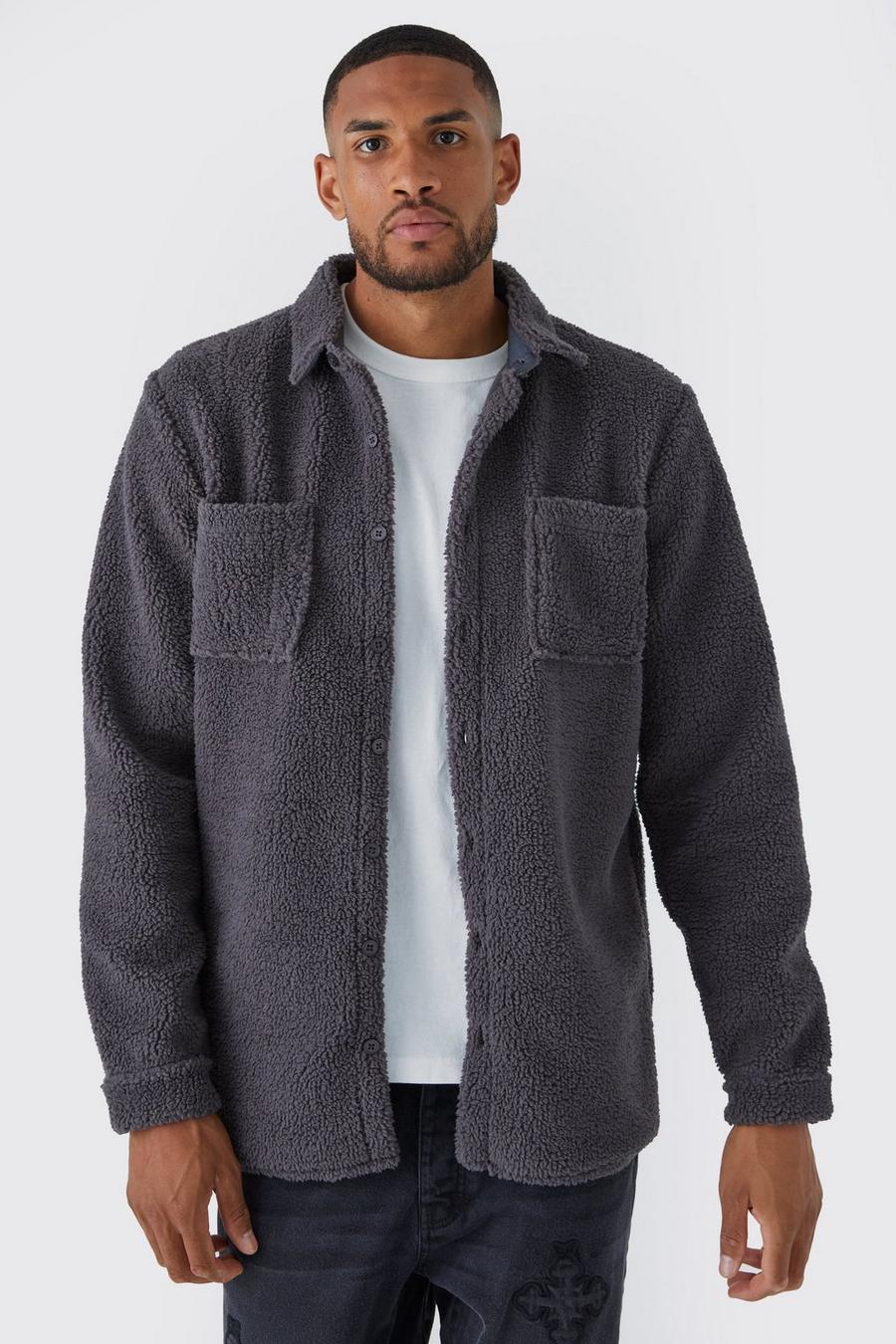 Charcoal grey Tall Borg Patch Pocket Utility Overshirt 