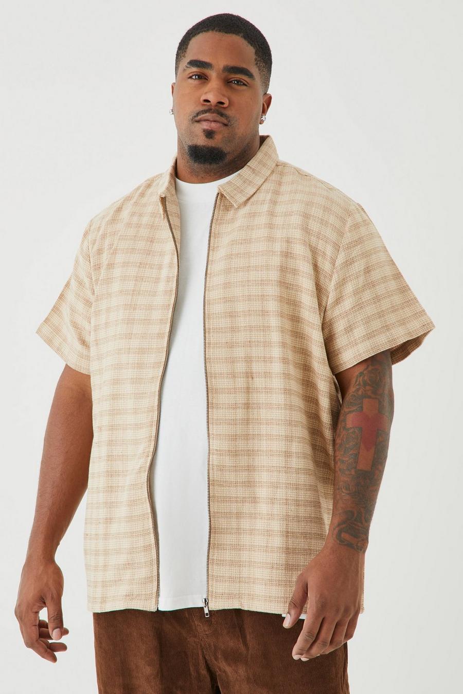 Stone Plus Short Sleeve Woven Check Zip Overshirt 