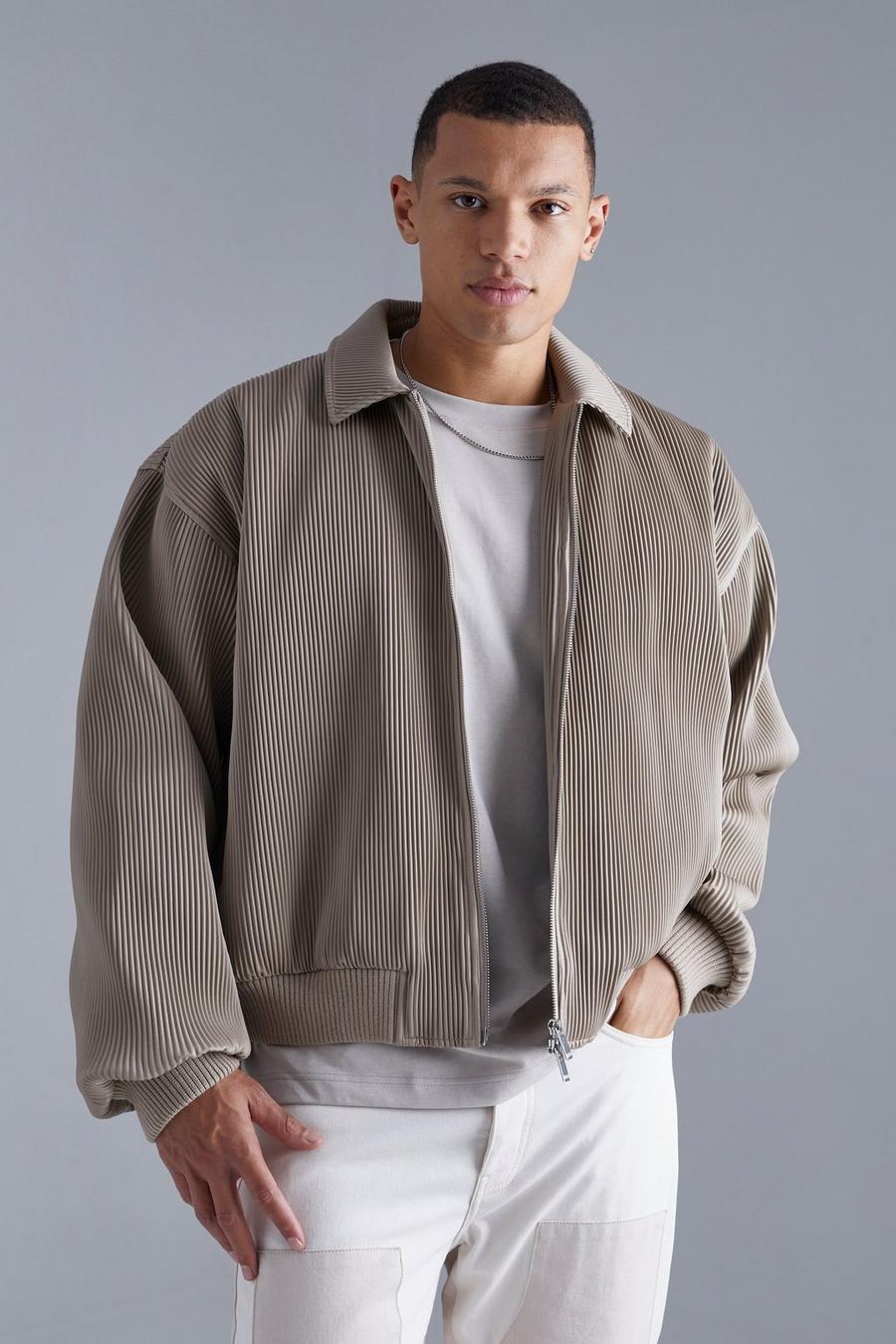 Taupe Tall Geplooide Boxy Nepleren Harrington Jas image number 1
