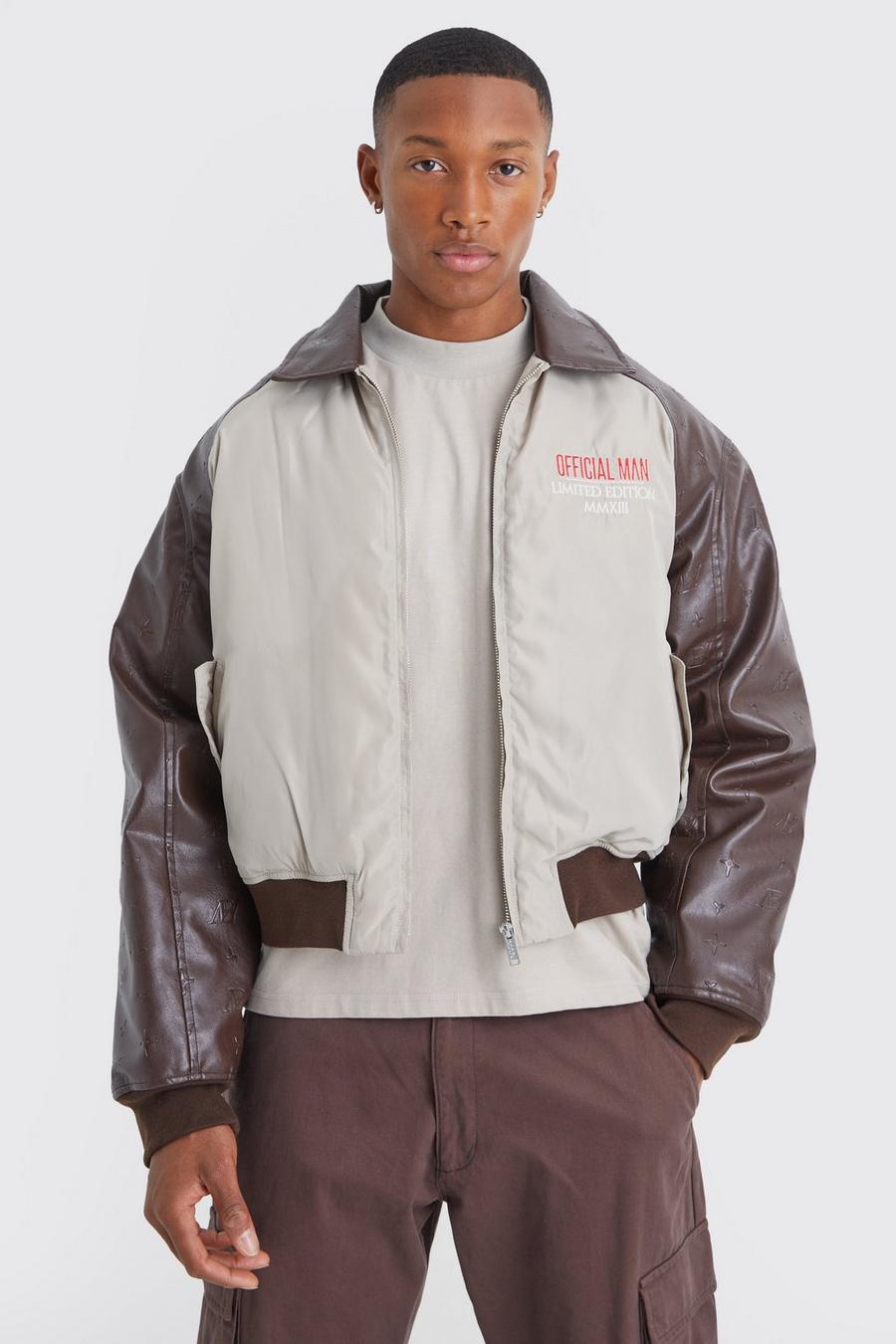 Taupe Boxy Embossed Pu & Contrast Nylon Bomber image number 1