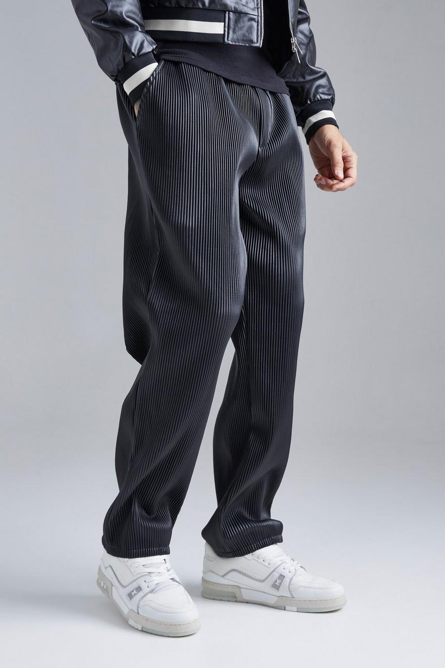 Pantalón recto de cuero sintético con cintura elástica, Black image number 1