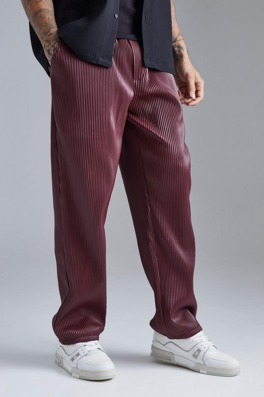 Pantalón recto de cuero sintético con cintura elástica, Burgundy