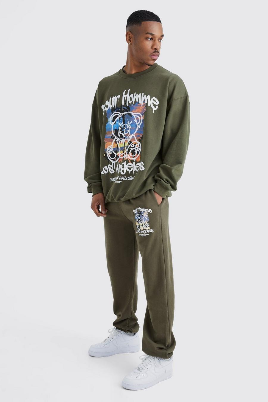 Sweatshirt-Trainingsanzug mit Pour Homme Print, Khaki kaki