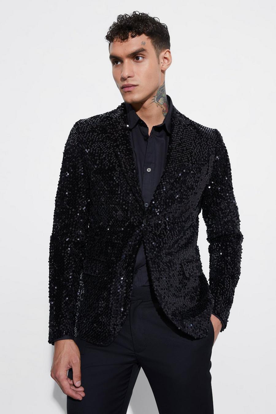 Black Skinny Fit Single Breasted Sequin Suit Jacket