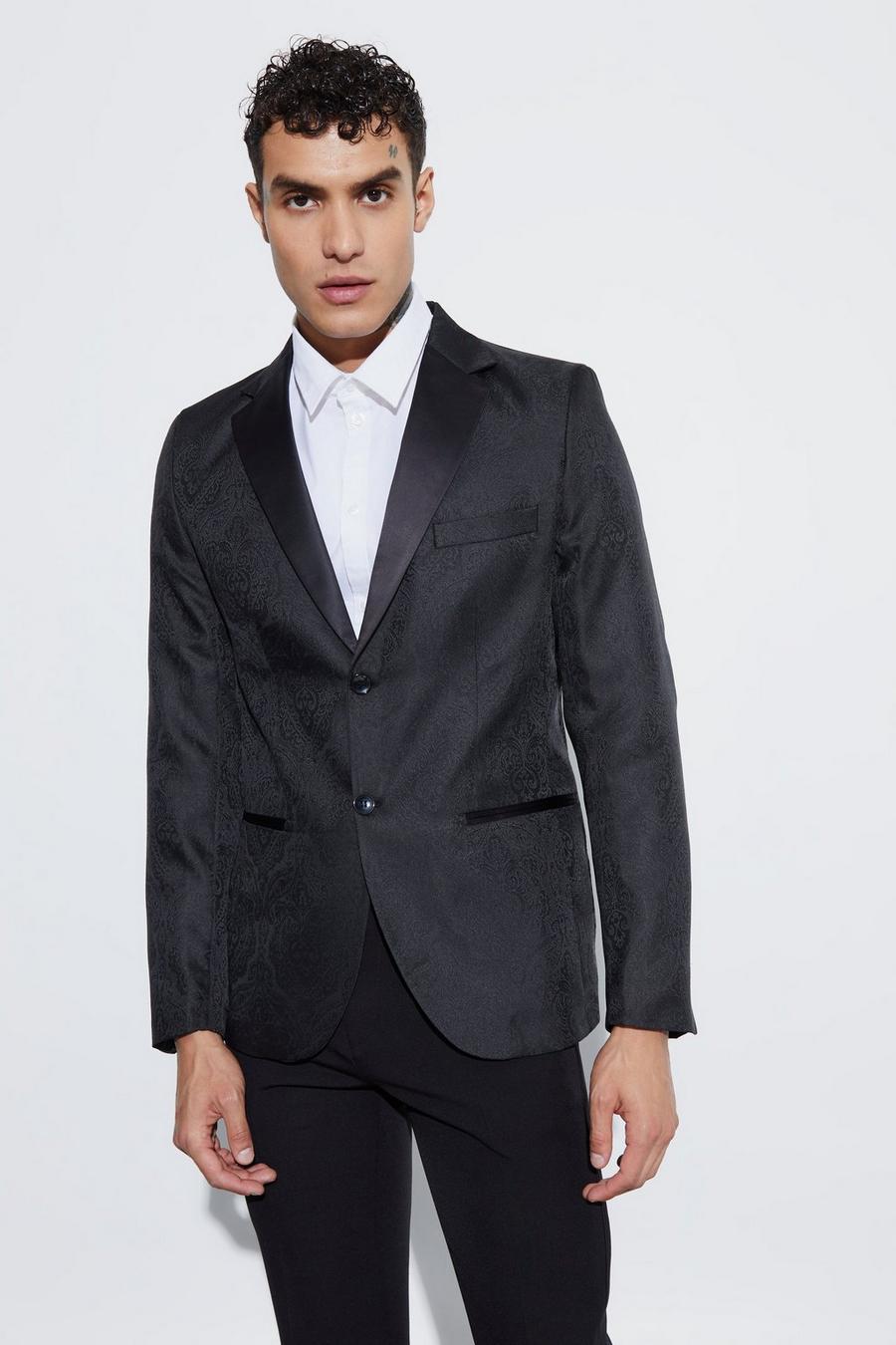 Chaqueta de traje ajustada de jacquard con solapa en contraste, Black image number 1