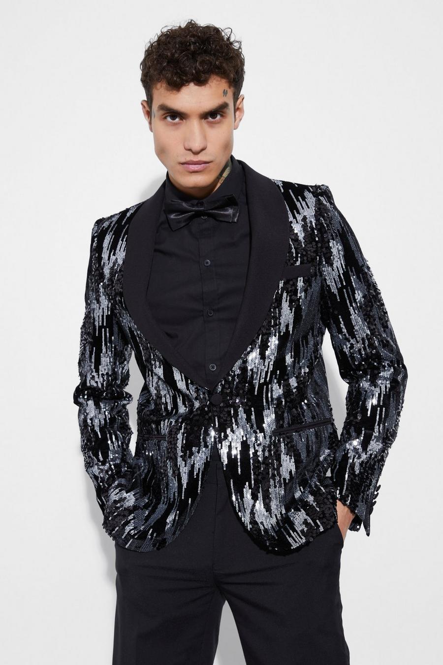 Black Slim Fit Contrast Lapel Sequin Suit Jacket image number 1
