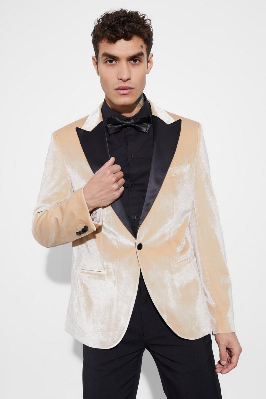 Stone beis Slim Fit Contrast Lapel Velvet Suit Jacket