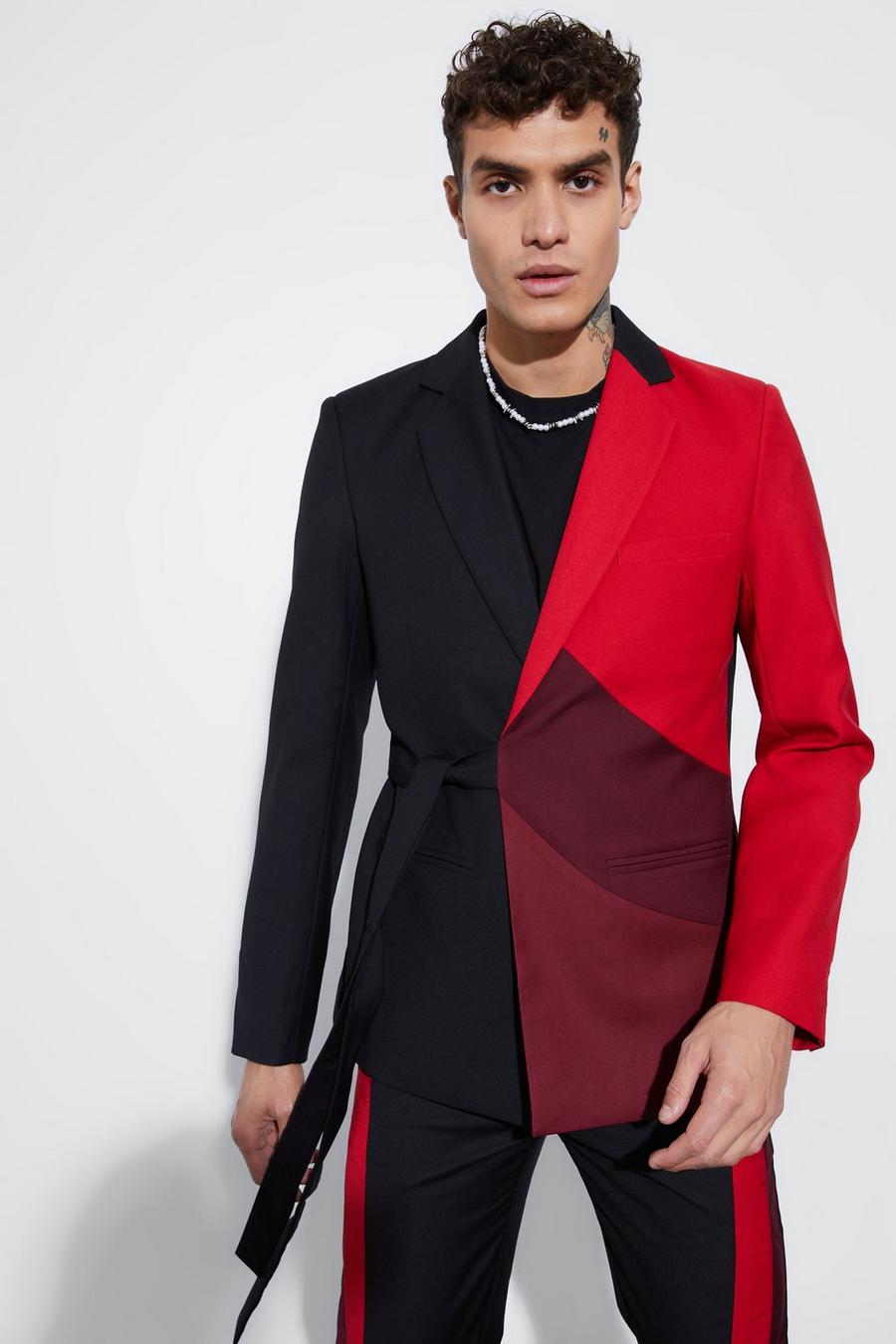 Red Skinny Fit Colour Block  Wrap Front Blazer image number 1