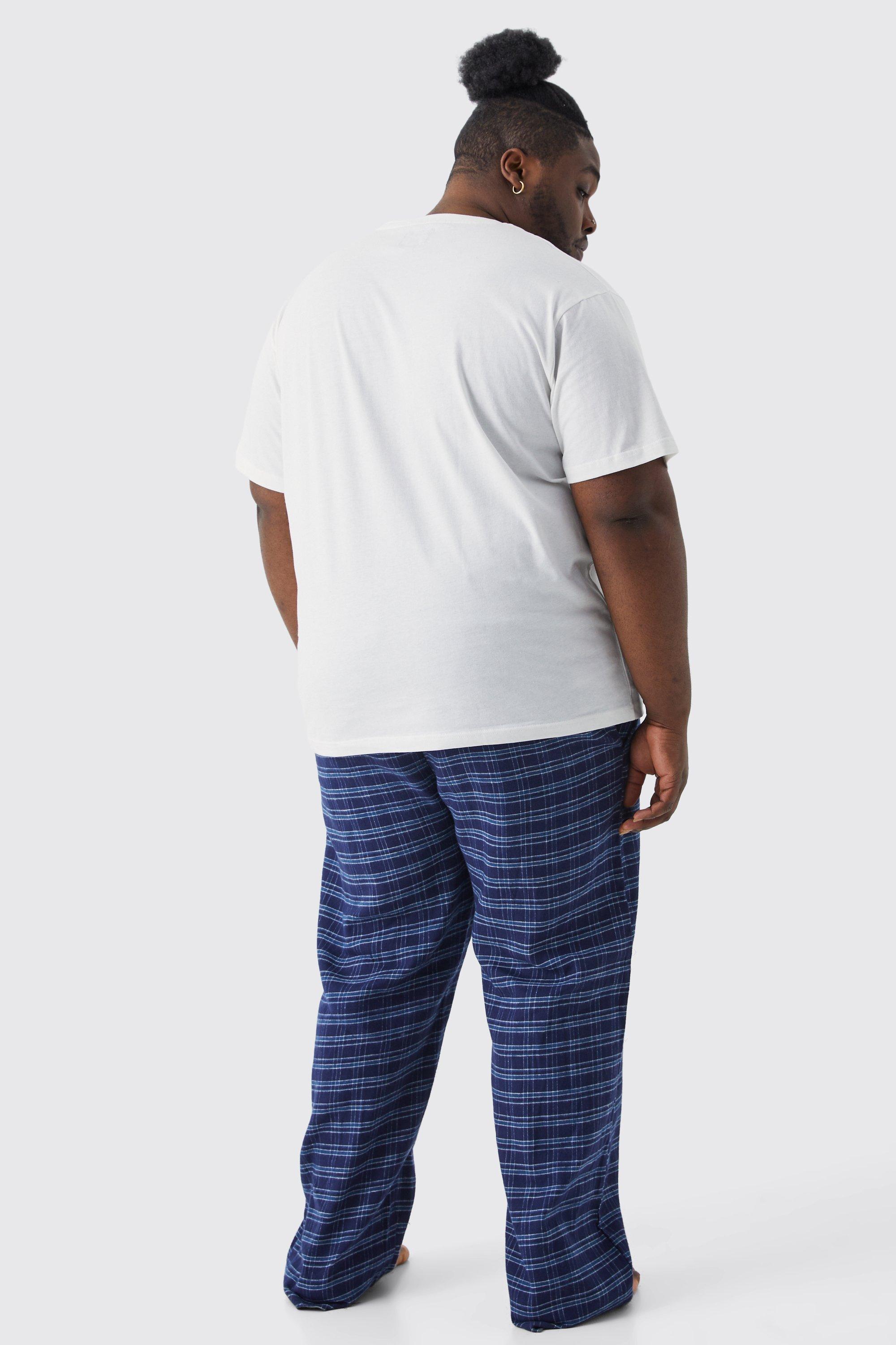 Men s Plus Check Pyjama Bottoms And T shirt Set Boohoo UK