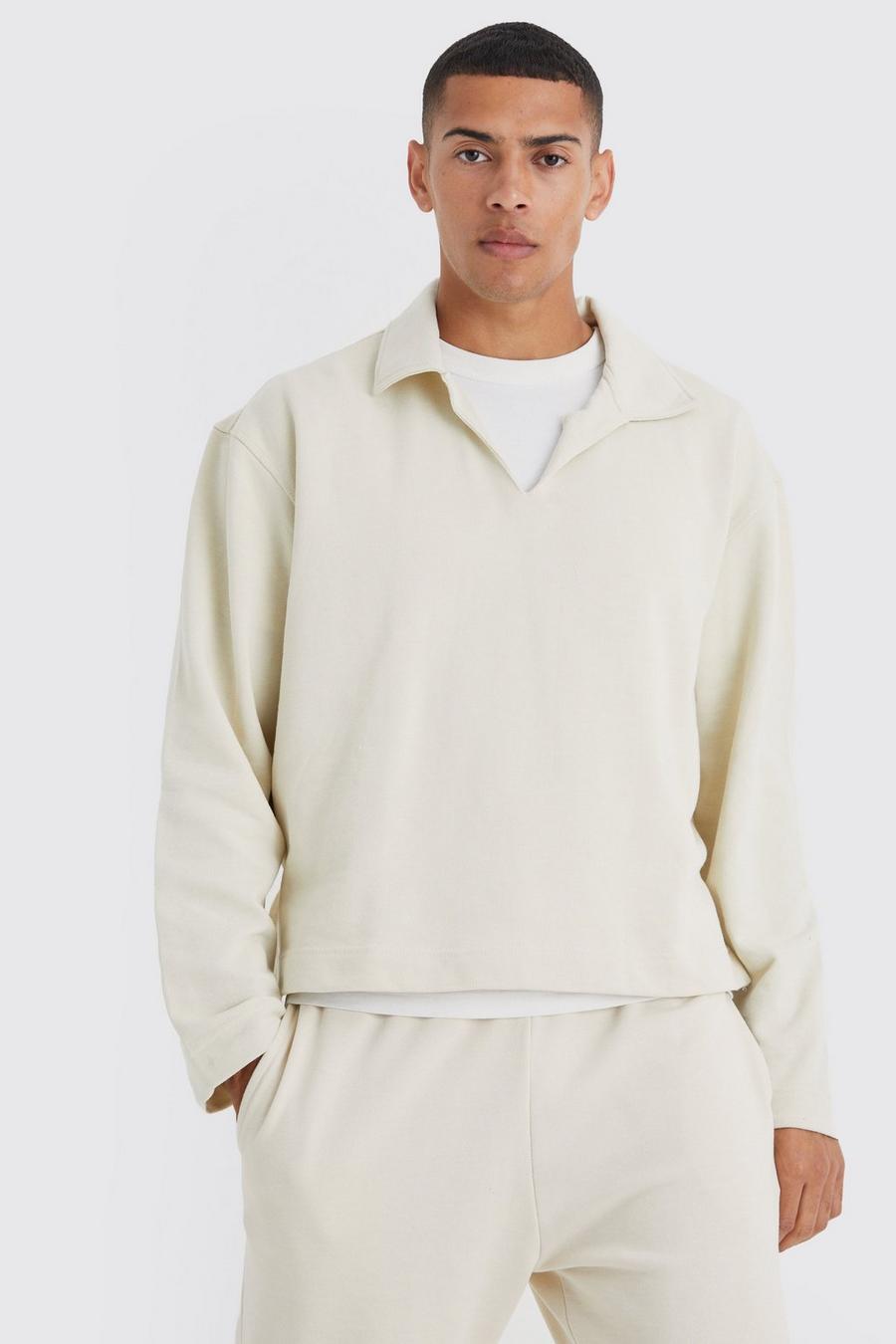 Ecru Oversized Boxy Open Collar Heavyweight Sweat