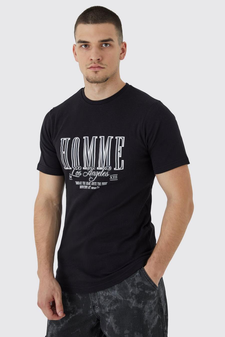 Tall Slim-Fit T-Shirt mit Homme-Print, Black image number 1