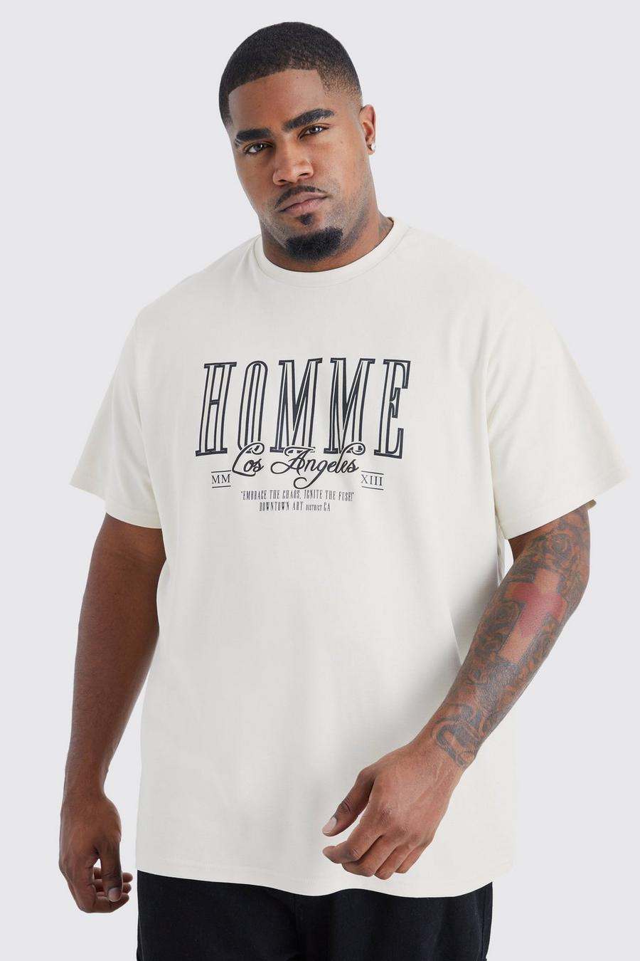 Plus Slim-Fit T-Shirt mit Homme-Print, Ecru image number 1