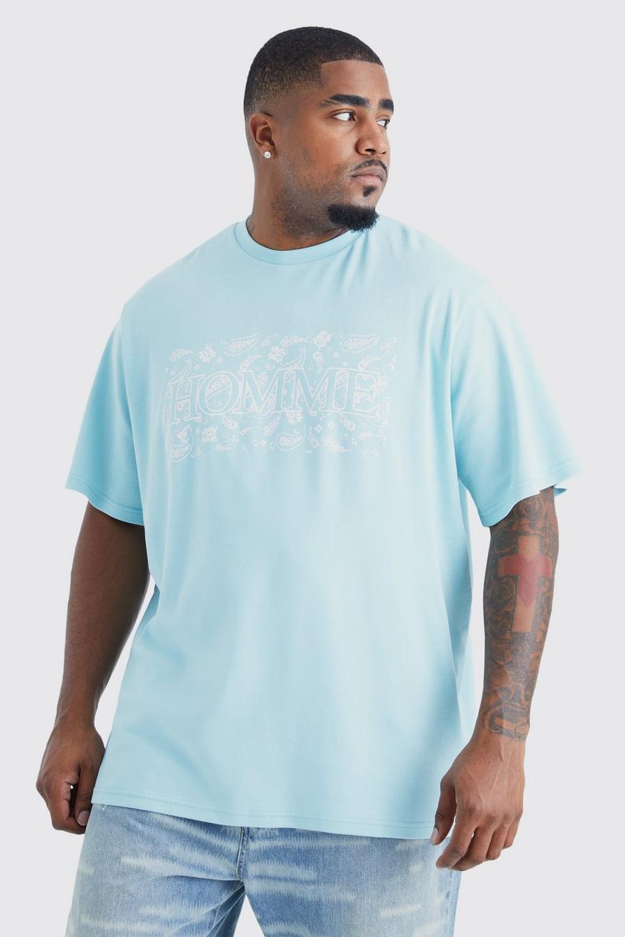 Light blue bleu Plus Verweven Paisley Homme T-Shirt Met Tekst