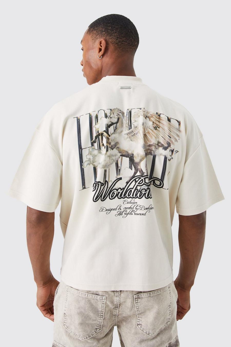 Kastiges Oversize T-Shirt mit Print, Ecru