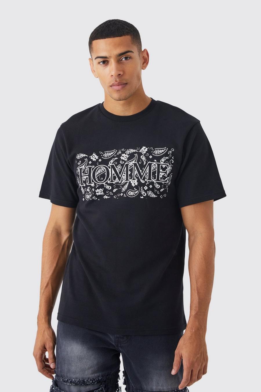 Camiseta con estampado cachemira y eslogan Homme, Black image number 1