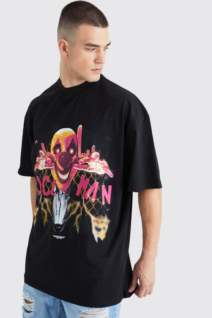Black Tall Oversize t-shirt med clown och tryck image number 1