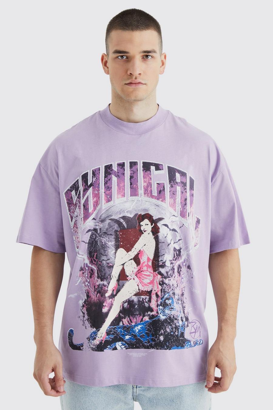Lilac purple Tall Oversized Sinical Rhinestone T-shirt
