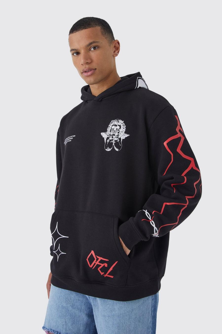 Black Tall Oversized Multi Placment  Embroidered Hoodie 