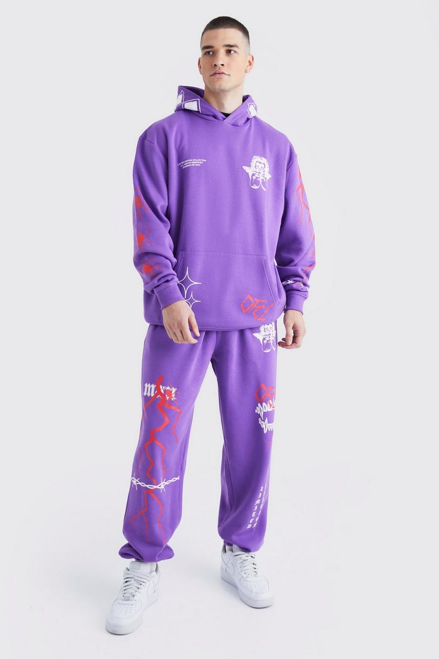 Purple Tall Oversized  Embroidered Hooded Tracksuit image number 1