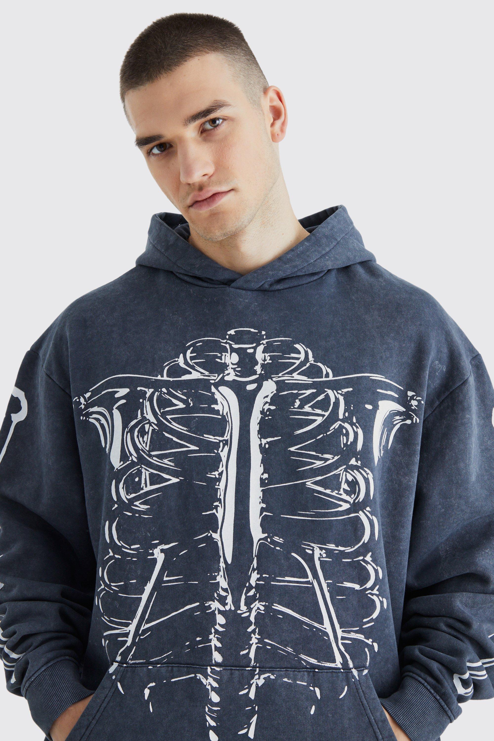 Tall Oversized Acid Wash Skeleton Hoodie