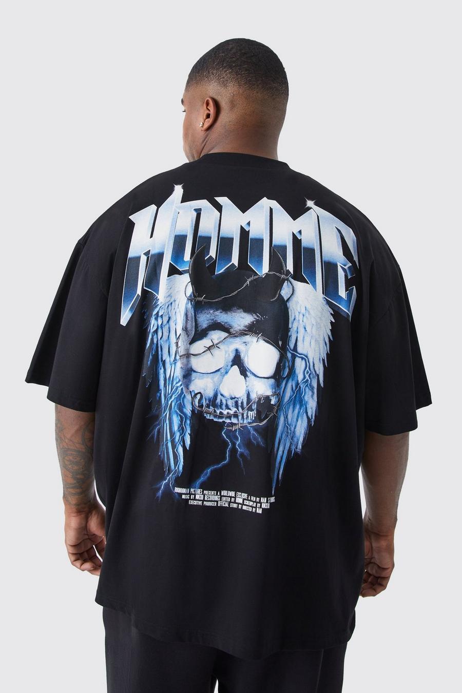 Plus Oversize T-Shirt mit Skelett Homme Print, Black schwarz