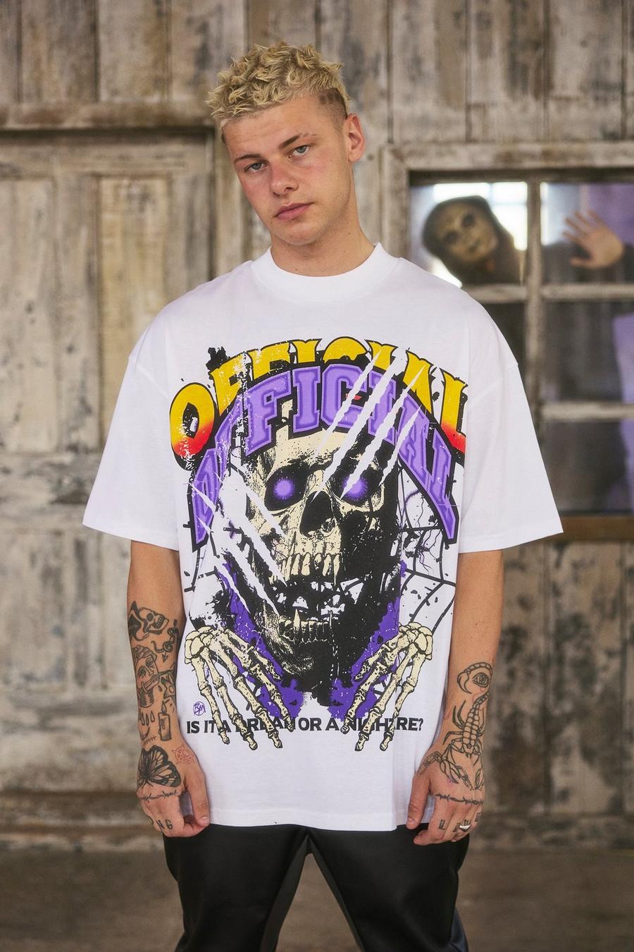 Oversize T-Shirt mit Official Totenkopf-Print, Ecru white