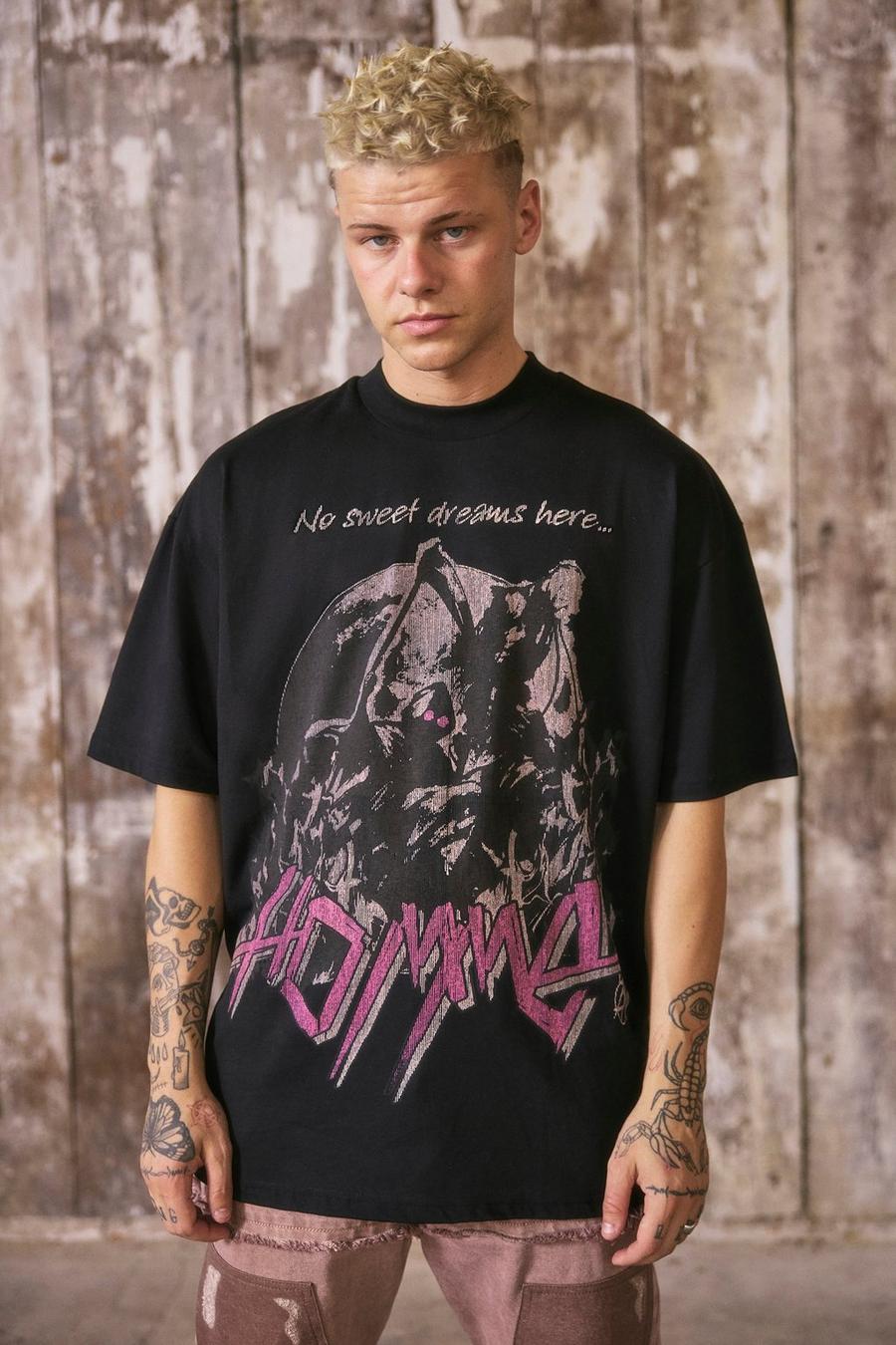 Black Oversized Homme T-Shirt Met Print