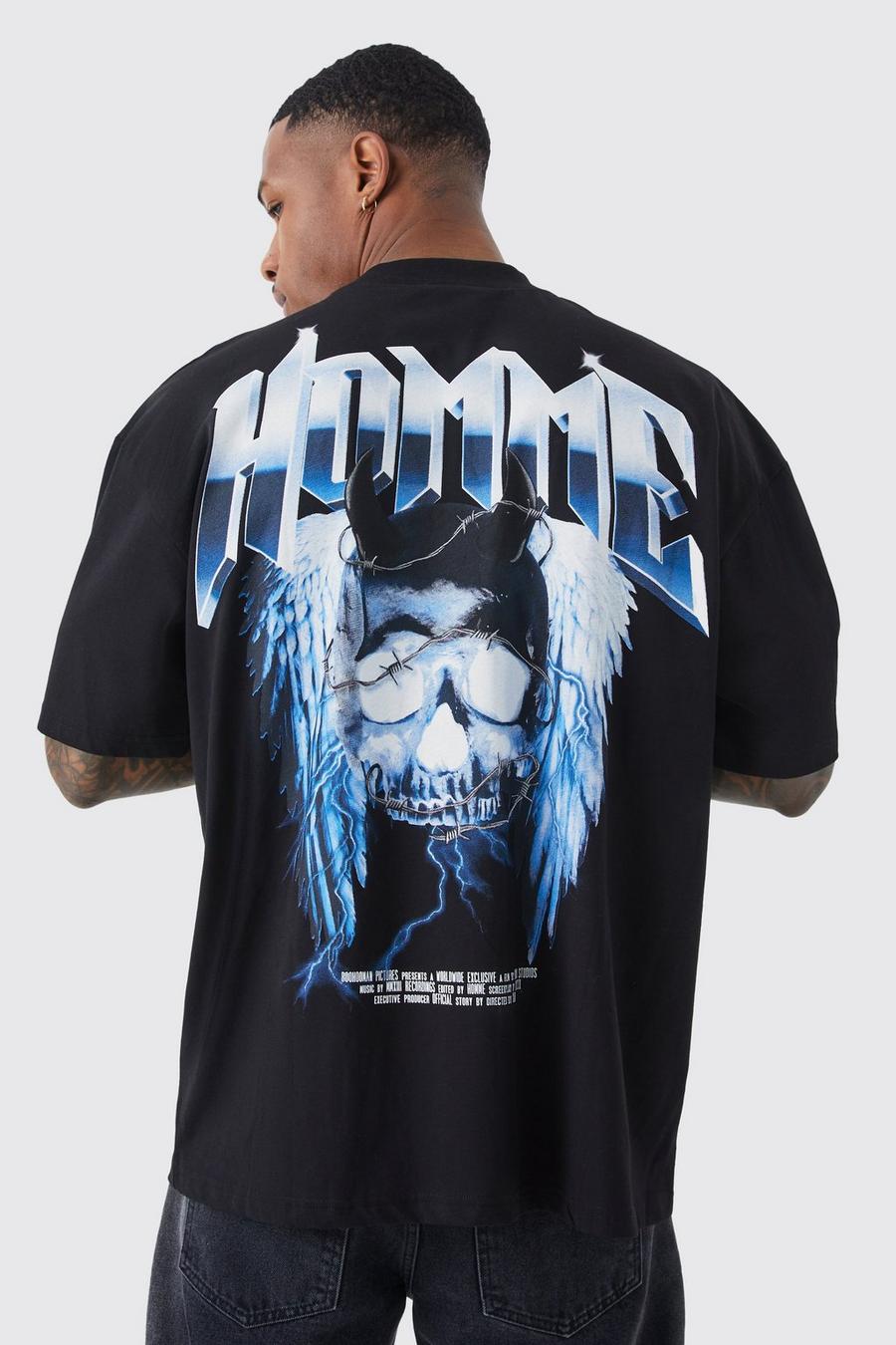 Camiseta oversize con estampado Homme de esqueleto, Black image number 1