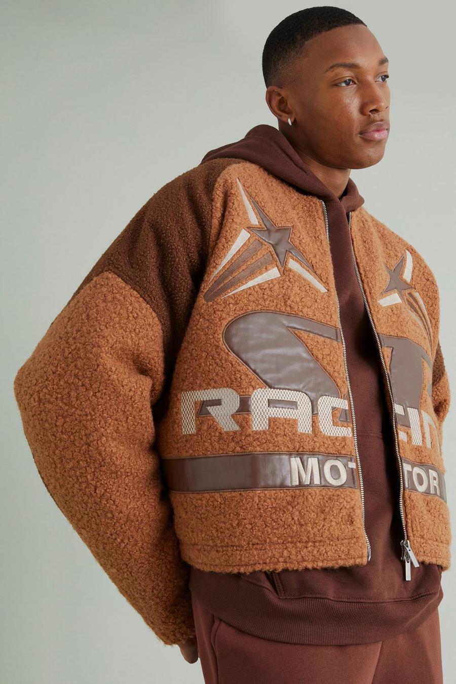Brown Boxy Boucle Moto Bomber With Pu Badges image number 1