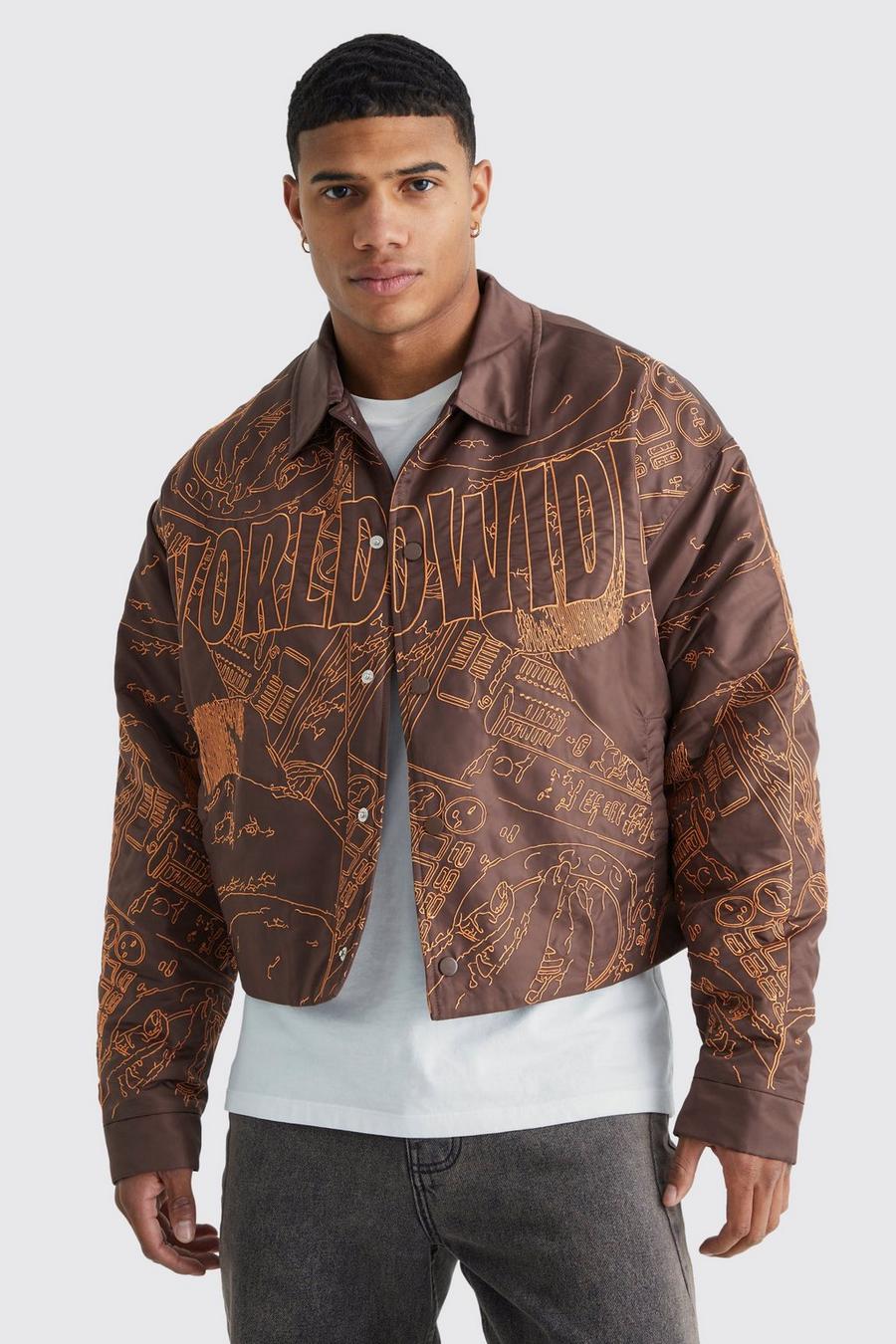 Brown Boxy Nylon All Over Embroidery Bomber Jacket image number 1