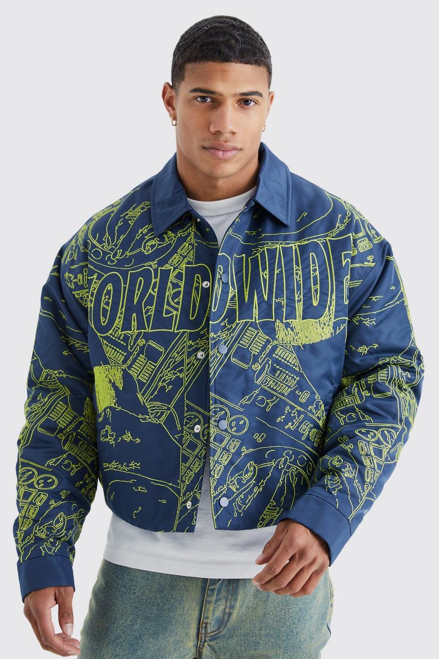 Blue Boxy Nylon All Over Embroidery Bomber Jacket image number 1