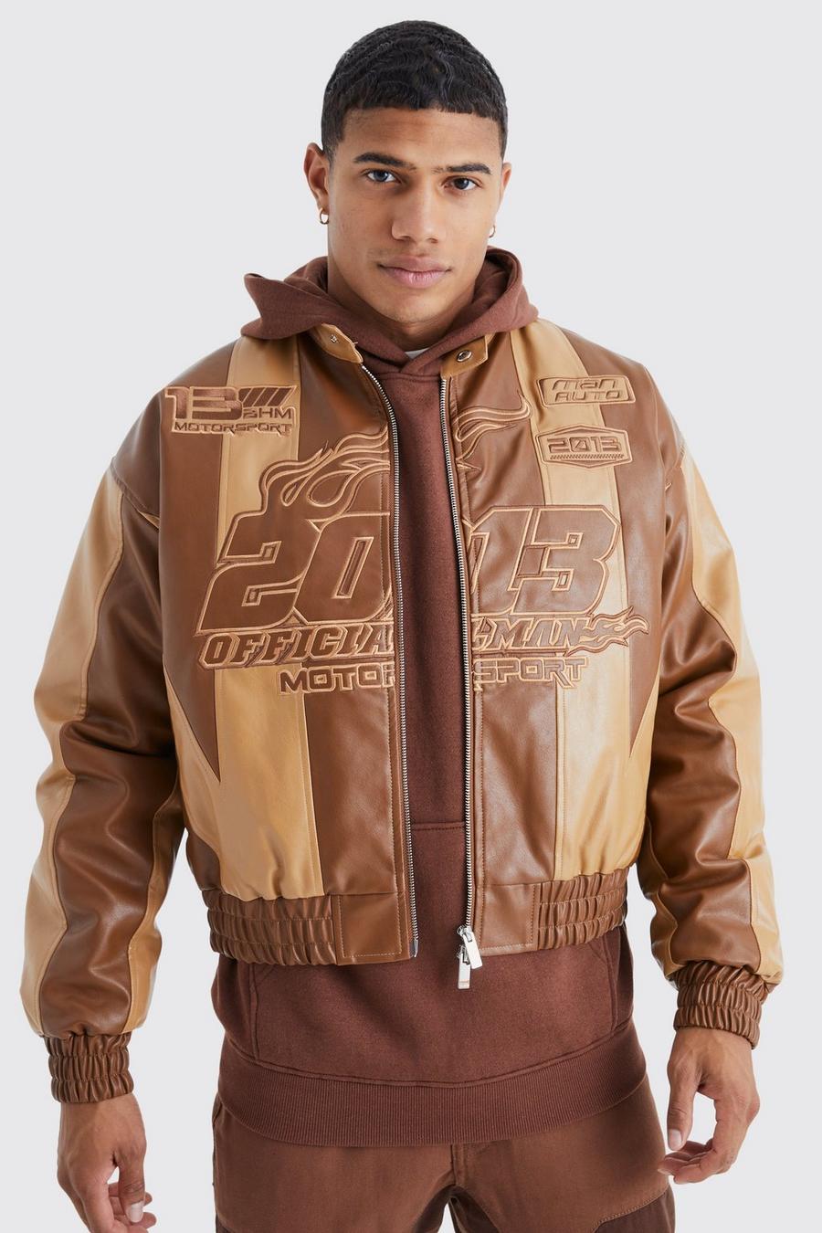 Brown Boxy Pu Panelled Applique Moto Jacket