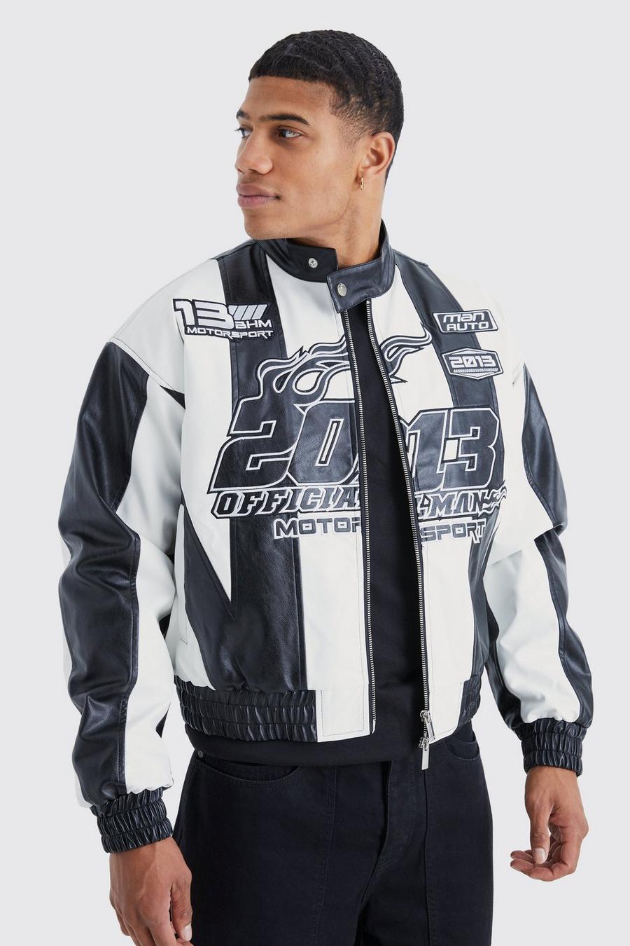 Black Boxy Pu Panelled Applique Moto Jacket image number 1