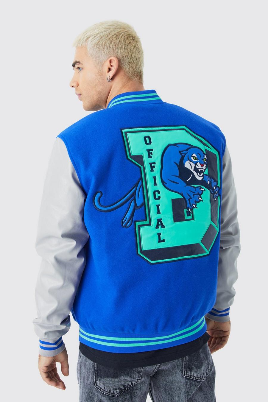 Kastige PU-Jacke mit Kontrast-Ärmeln und Aufnähern, Blue image number 1