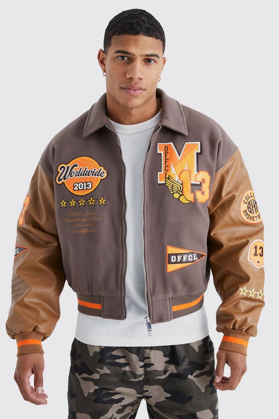 Men's Boxy Pu & Melton Multi Badge Varsity Jacket | Boohoo UK