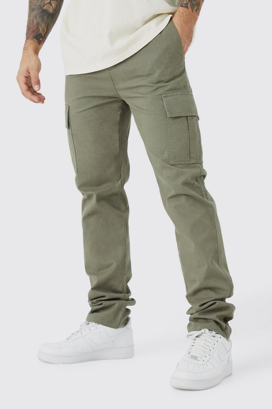 Pantalón cargo de sarga con pernera recta y cintura fija, Khaki