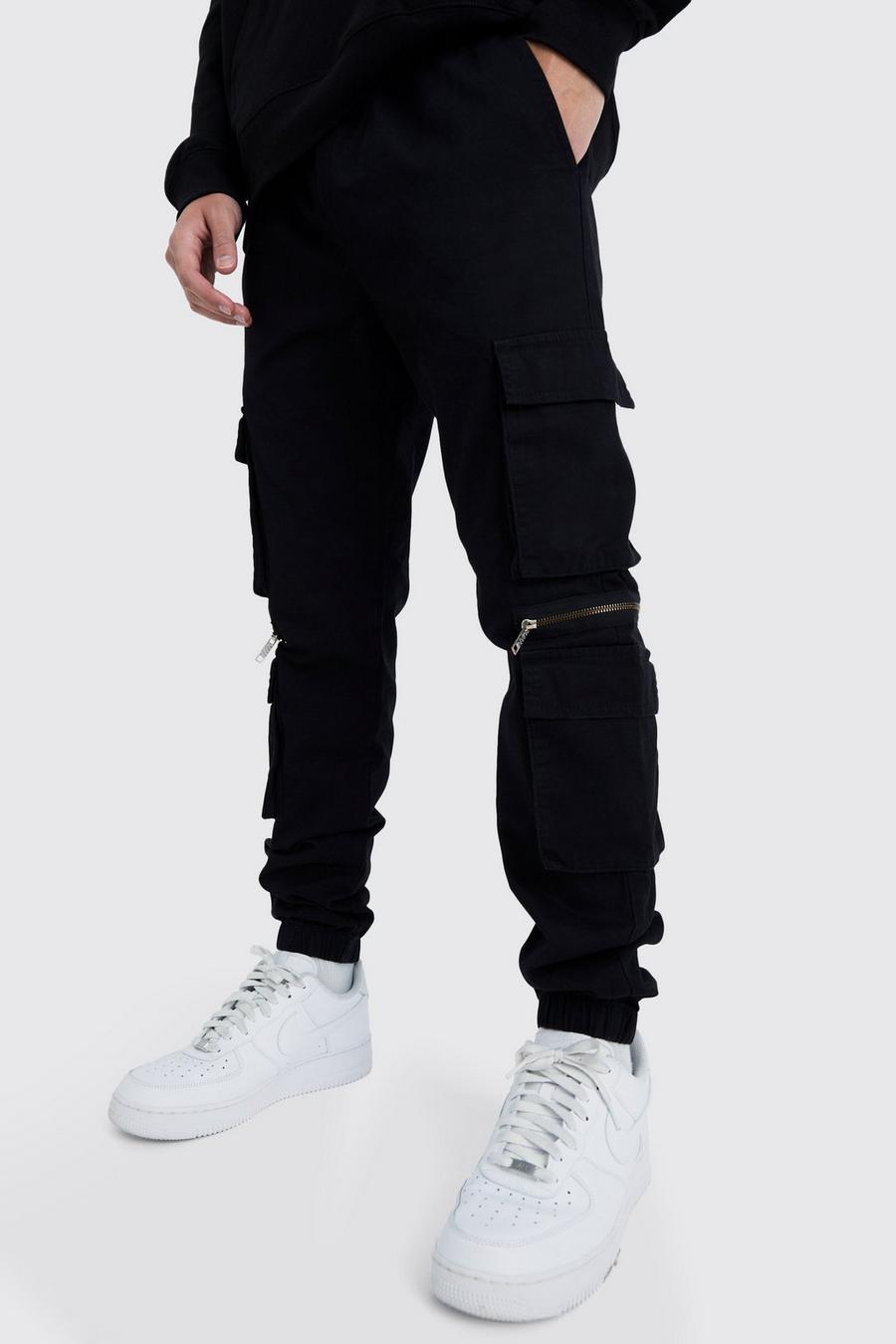 Pantaloni Cargo con tasche multiple, zip e vita elasticizzata, Black negro