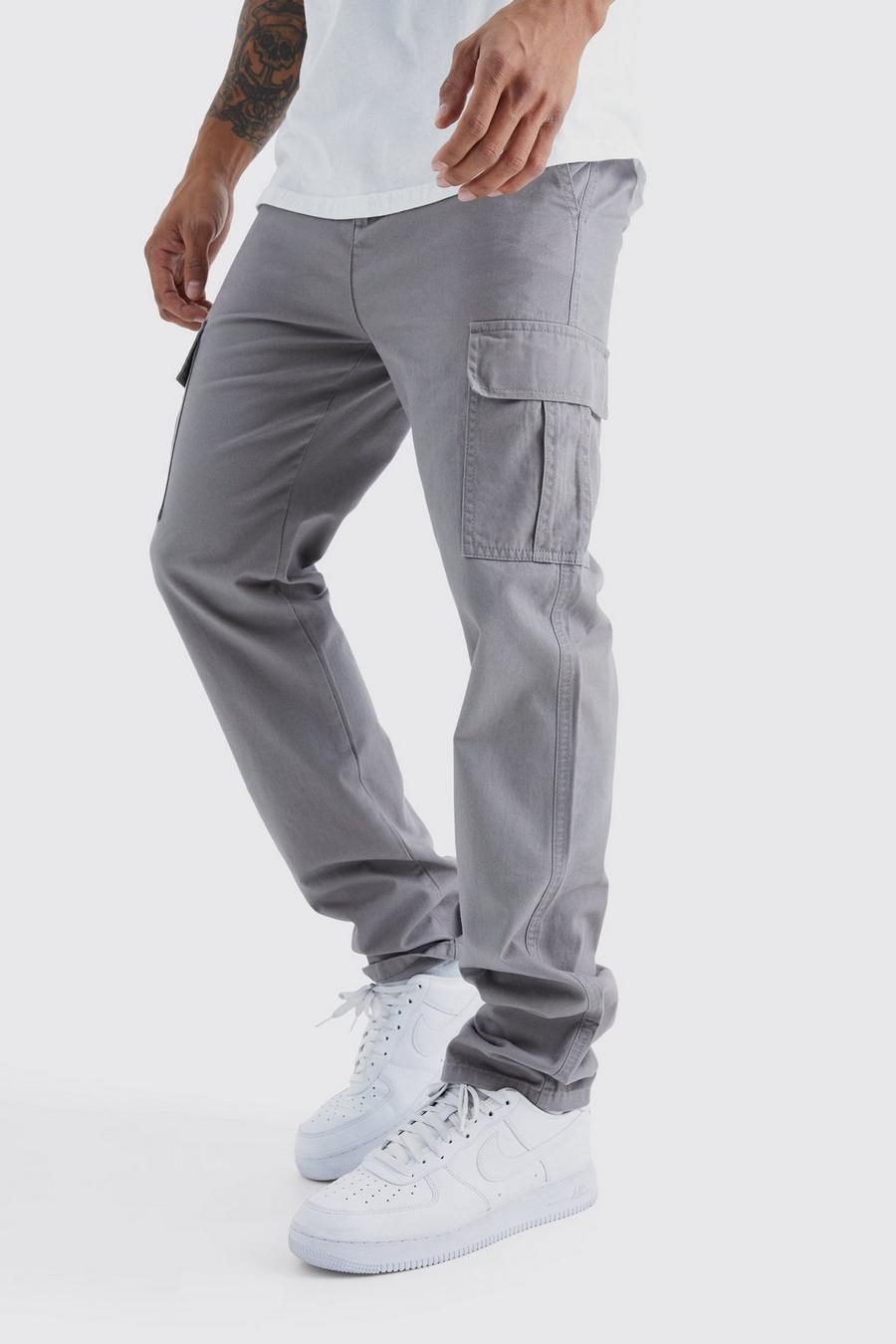 Grey Fixed Waist Straight Leg Twill Cargo Trouser