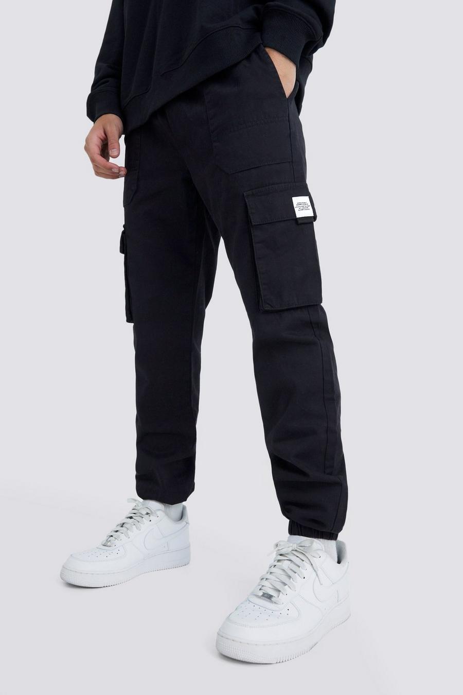 Pantalón deportivo cargo ajustado con cintura elástica y hebilla, Black
